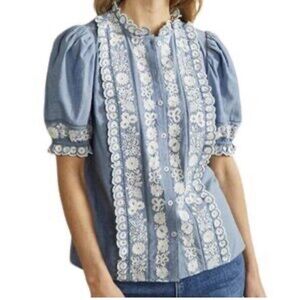 Boden Ruffle Sleeve Broderie Button- Down Blouse